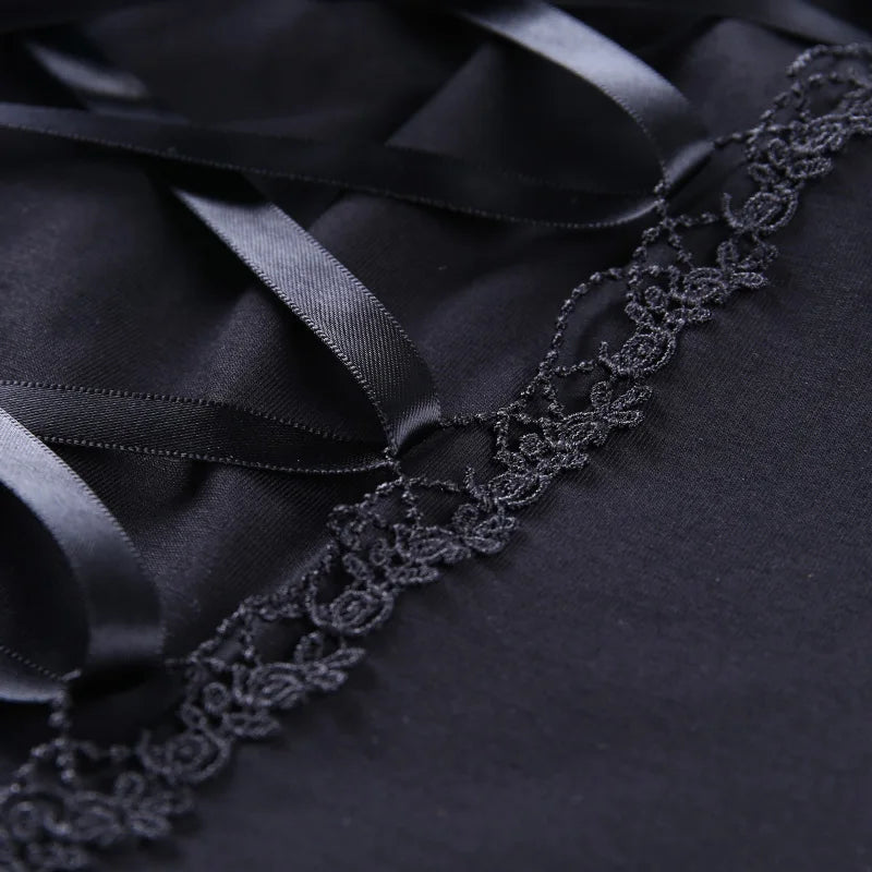 Vintage Tops Goth T-shirt Women Bodycon Bandage Lace Black T-shirts Gothic Streetwear Sexy Female Top Casual Mesh Tee
