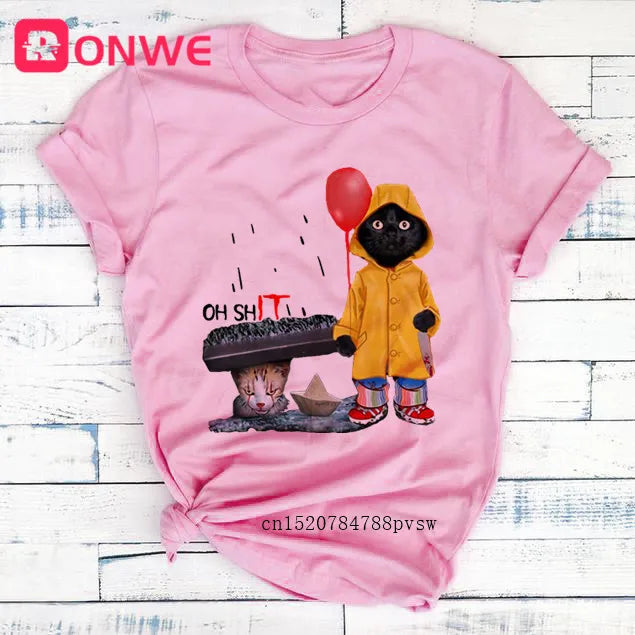 Women Funny Black Cat Print Tshirt Girl Harajuku Casual White Top Tees Female 90s Clothes