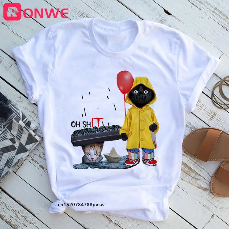 Women Funny Black Cat Print Tshirt Girl Harajuku Casual White Top Tees Female 90s Clothes