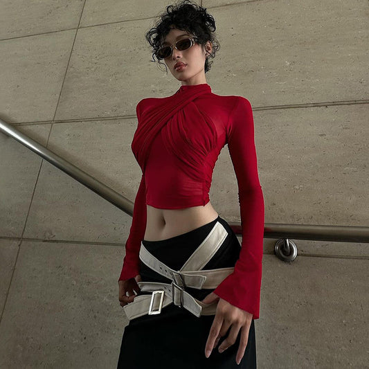 Fashion Tight Long Sleeve Tied Stitching Design Top