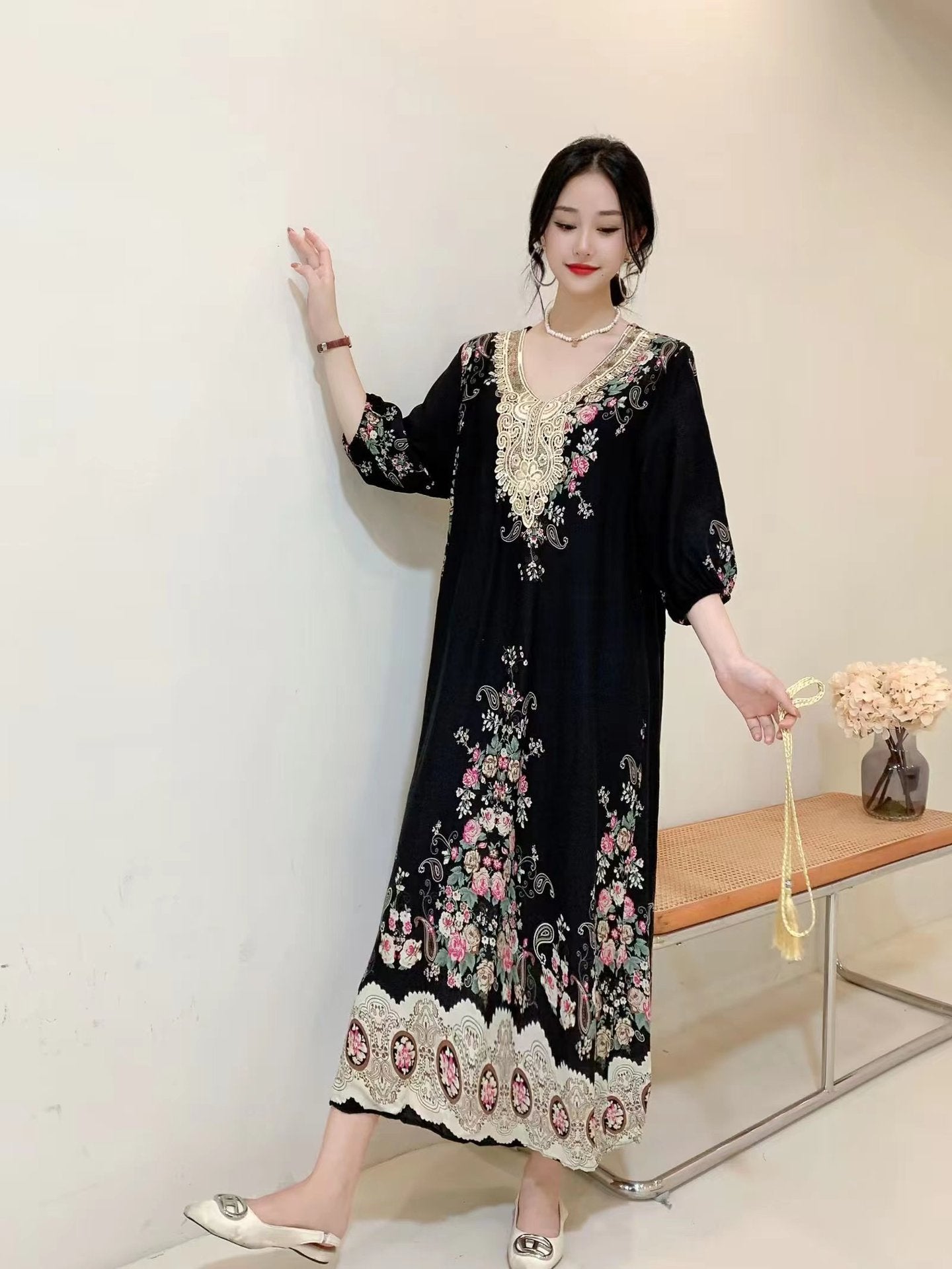 Women's Summer Ethnic Style Noil Poplin Dress