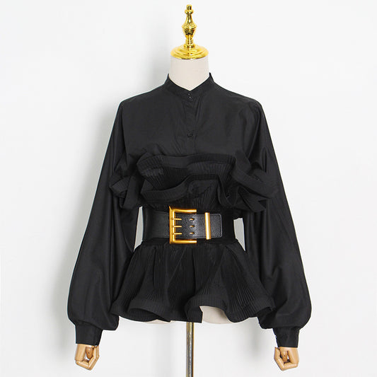 Stand Collar Long Sleeve Pleated Ruffled Sneaky Design Lace-up Top