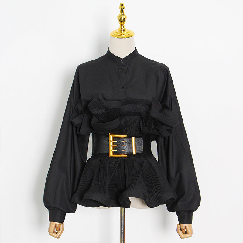 Stand Collar Long Sleeve Pleated Ruffled Sneaky Design Lace-up Top