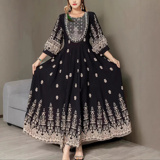 Ethnic Style Flower Printed Literary Retro Pine Casual Dress