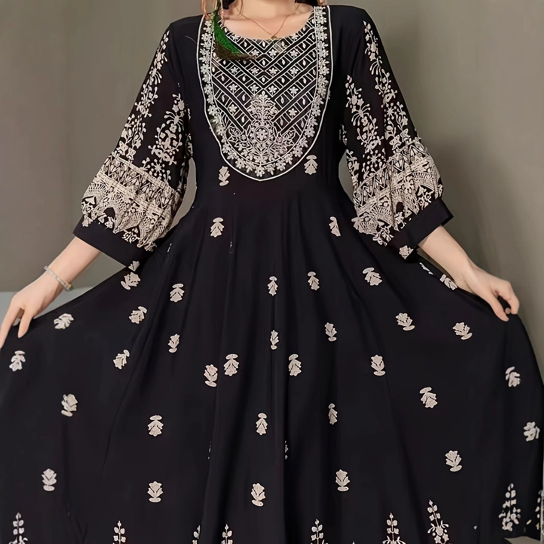 Ethnic Style Flower Printed Literary Retro Pine Casual Dress