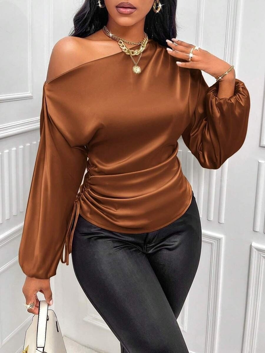 Women's Satin Shirt Asymmetric Long Sleeve Diagonal Collar Shirt Top