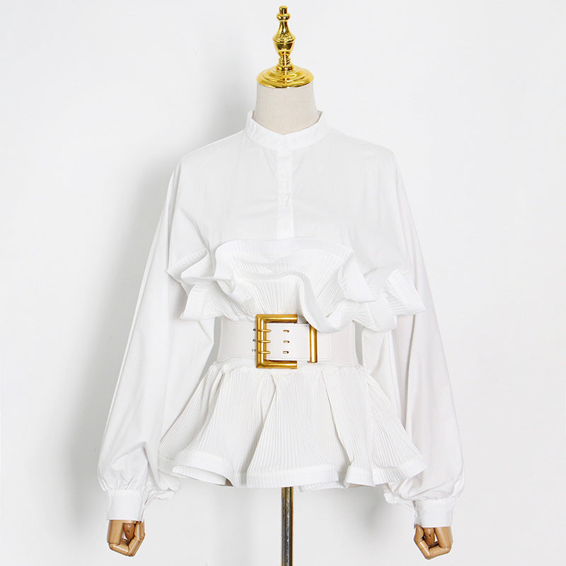 Stand Collar Long Sleeve Pleated Ruffled Sneaky Design Lace-up Top