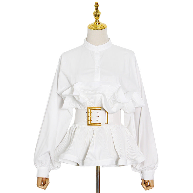 Stand Collar Long Sleeve Pleated Ruffled Sneaky Design Lace-up Top