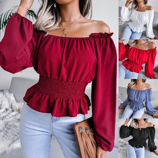 Female One Necked Off Shoulder Hem With Ruffled Edges Chiffon Sweater
