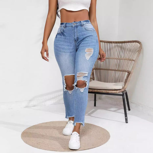 Water Washed Hole Slim High Waist Stretch Retro Denim Skinny Pants Women