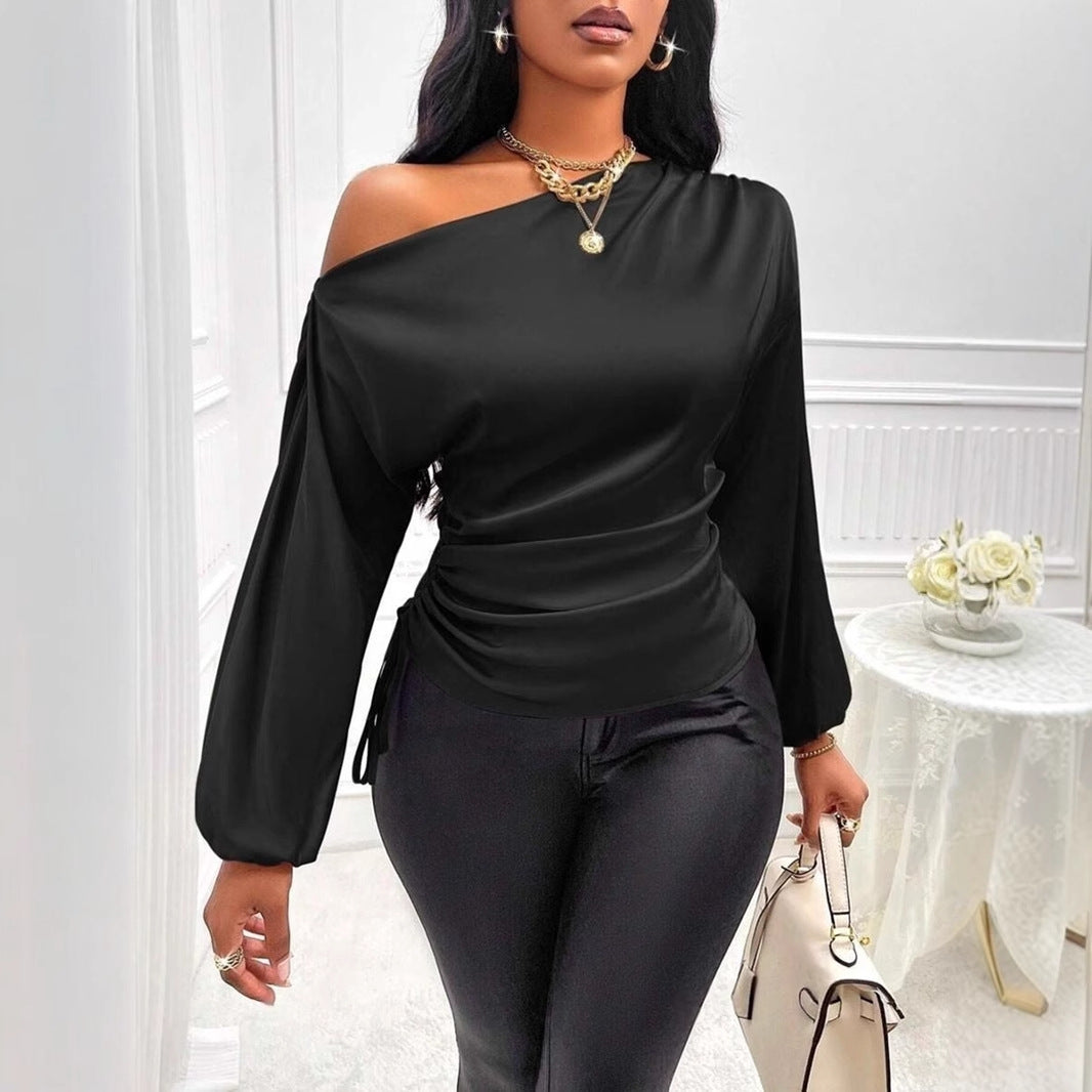 Women's Satin Shirt Asymmetric Long Sleeve Diagonal Collar Shirt Top