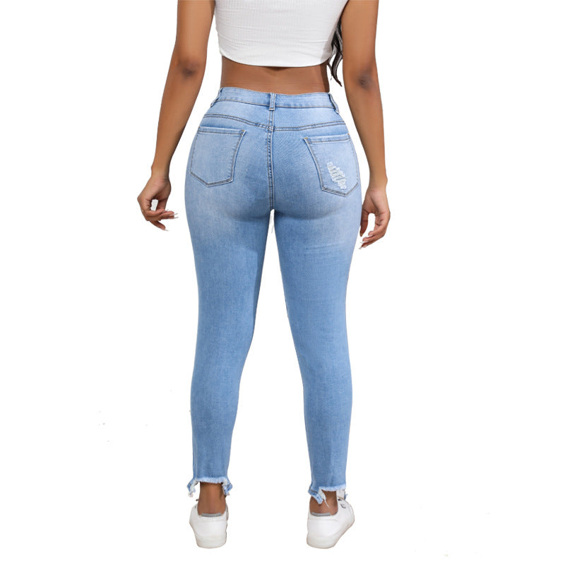 Water Washed Hole Slim High Waist Stretch Retro Denim Skinny Pants Women