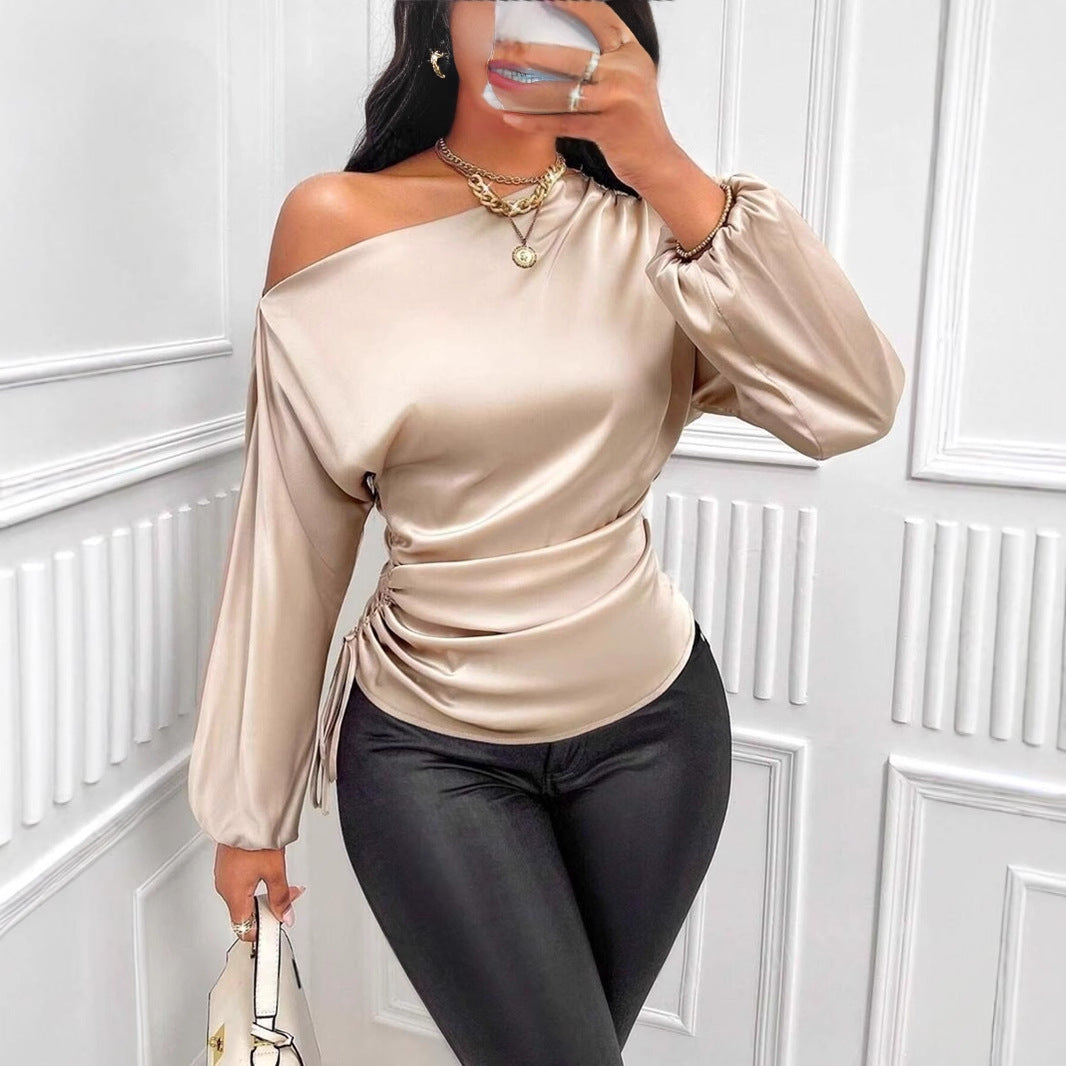 Women's Satin Shirt Asymmetric Long Sleeve Diagonal Collar Shirt Top