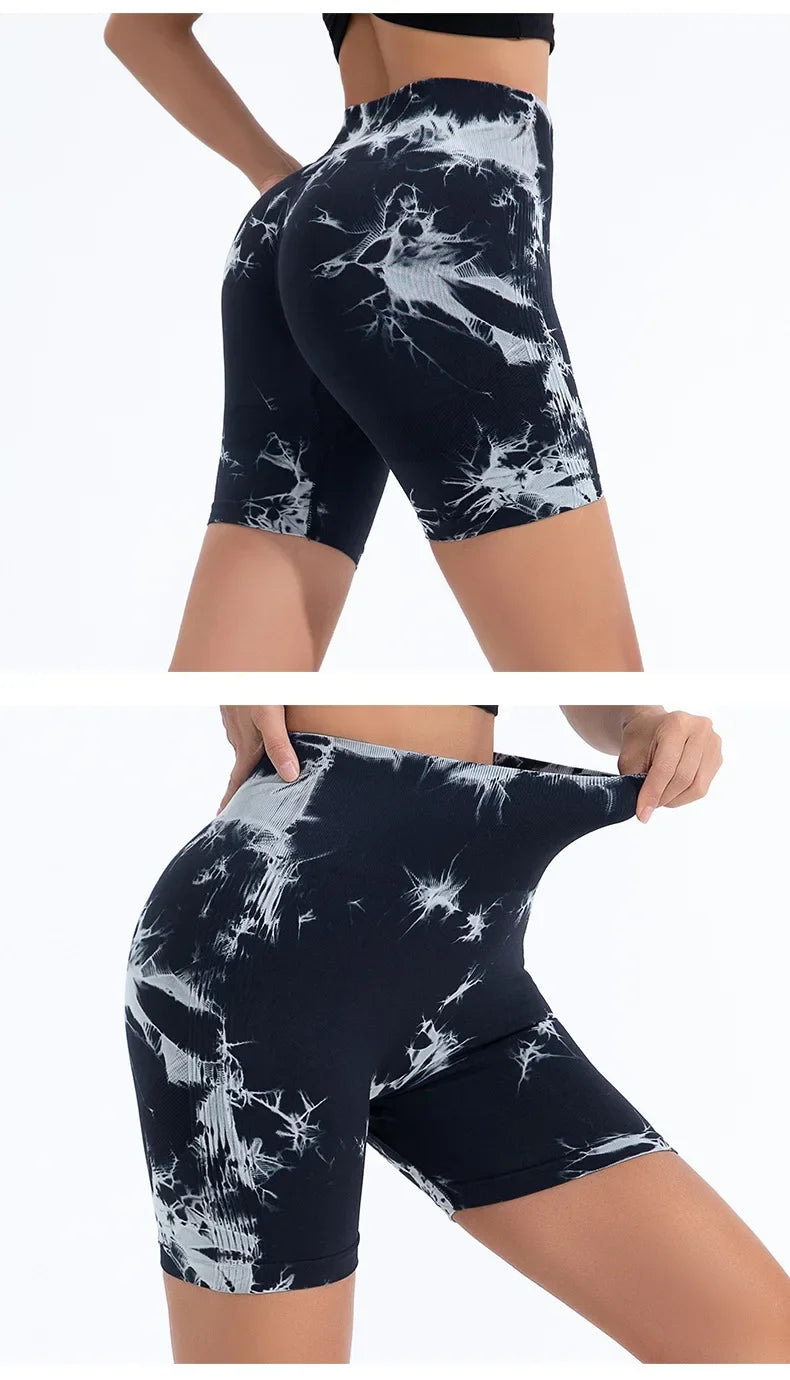 Women High Waist Yoga Shorts Gym Seamless Fitness Workout Running Shorts Summer Tie Dye Outdoors Sport Shorts