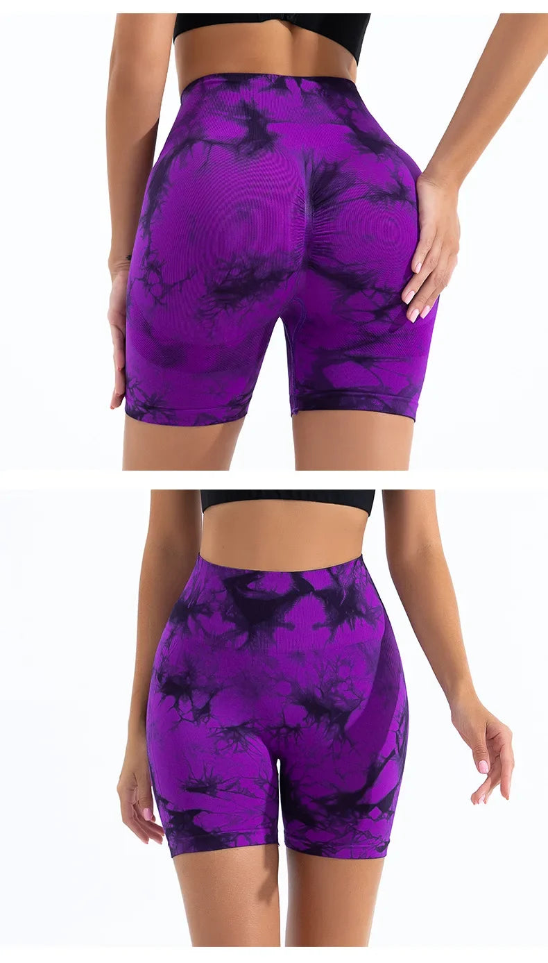 Women High Waist Yoga Shorts Gym Seamless Fitness Workout Running Shorts Summer Tie Dye Outdoors Sport Shorts