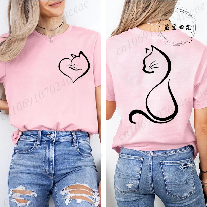 Women Love Heart Cat Print T-Shirt Clothing Girl Round Neck Funny Cat T-Shirts Casual Y2K Harajuku Streetwear Top Graphic Tees