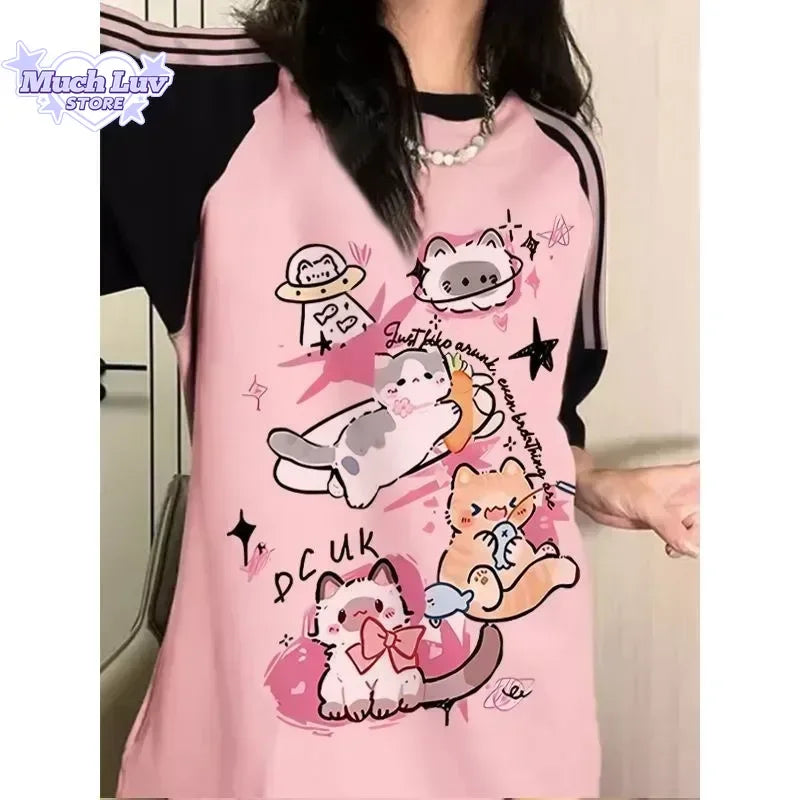 Adorable Cat Print Graphic T-Shirt Black & Pink Raglan Sleeve Women's Tee 100% Cotton Summer Y2K Kawaii Clothes Cute Casual Top