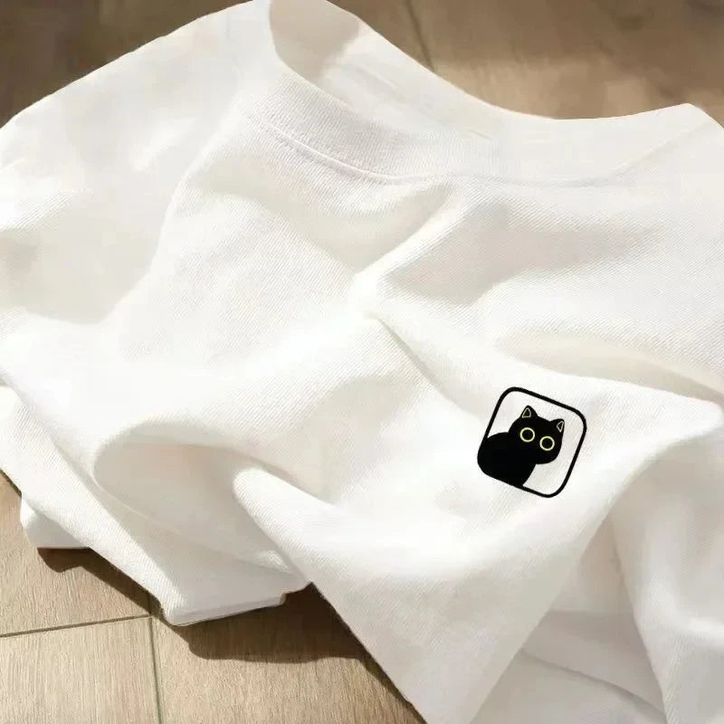 Fashion Women T-shirt Cartoon Cat Print Short Sleeve T Shirt Female Harajuku Casual O-Neck Clothes Top Unisex Streetwear Y2k Tee