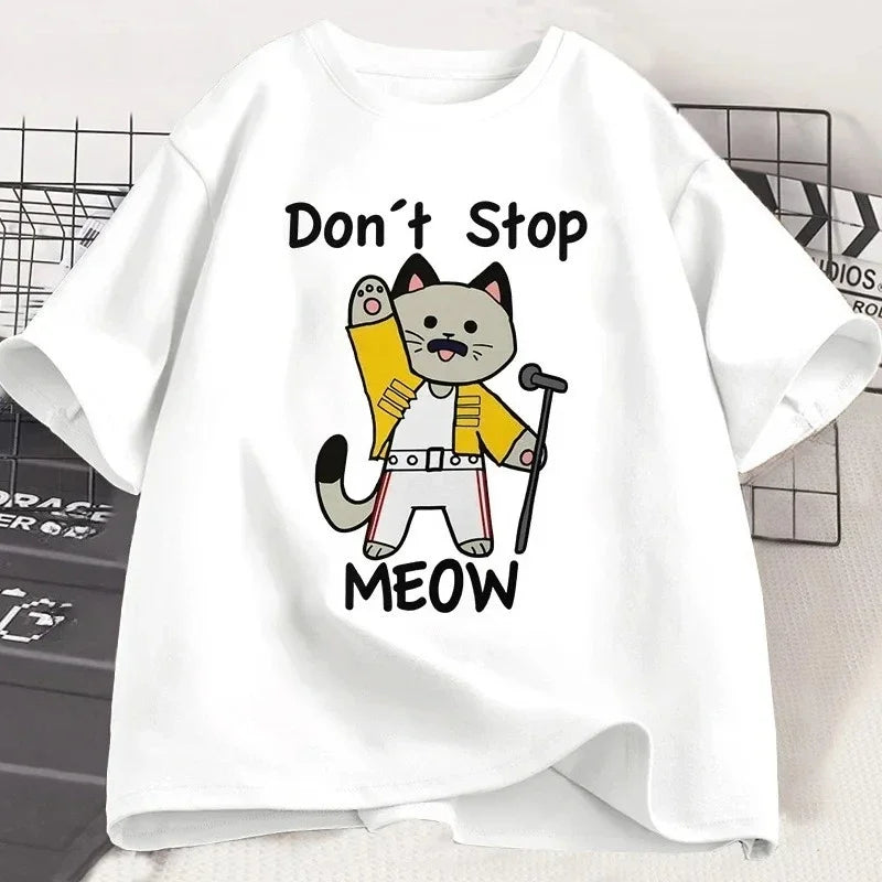 Funny Cat Print T-shirt Retro Music T-shirt Casual Short Sleeve Women Clothing Graphic T Shirts Harajuku Aesthetic Clothes Y2K