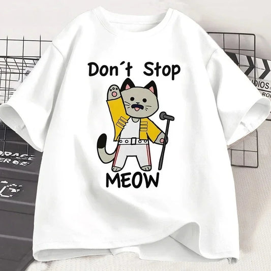 Funny Cat Print T-shirt Retro Music T-shirt Casual Short Sleeve Women Clothing Graphic T Shirts Harajuku Aesthetic Clothes Y2K