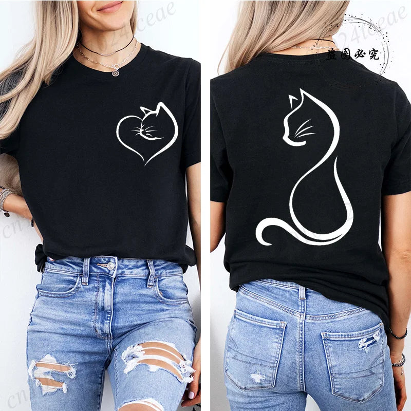 Women Love Heart Cat Print T-Shirt Clothing Girl Round Neck Funny Cat T-Shirts Casual Y2K Harajuku Streetwear Top Graphic Tees