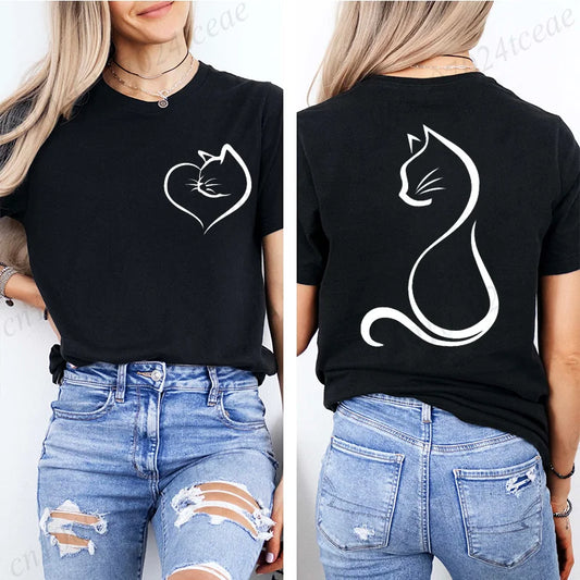 Women Love Heart Cat Print T-Shirt Clothing Girl Round Neck Funny Cat T-Shirts Casual Y2K Harajuku Streetwear Top Graphic Tees