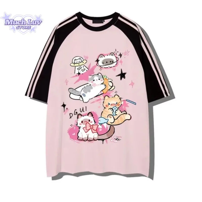Adorable Cat Print Graphic T-Shirt Black & Pink Raglan Sleeve Women's Tee 100% Cotton Summer Y2K Kawaii Clothes Cute Casual Top