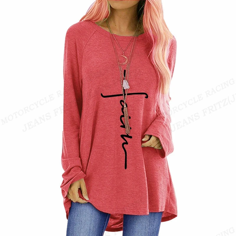 Christian T shirt Cross 3d Print T-shirt Women Fashion T-shirt Loose Long Sleeve Tshirt Ladies Tshirt Oversized Loose