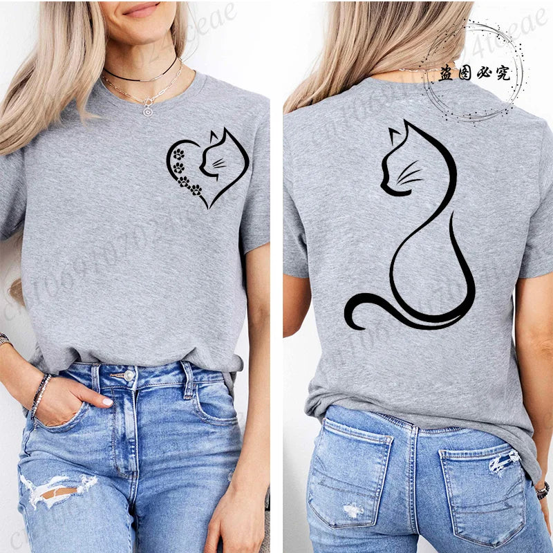 Women Love Heart Cat Print T-Shirt Clothing Girl Round Neck Funny Cat T-Shirts Casual Y2K Harajuku Streetwear Top Graphic Tees