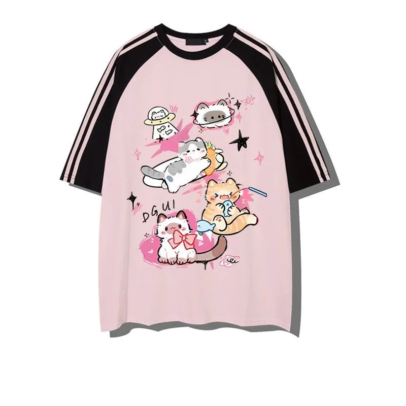Adorable Cat Print Graphic T-Shirt Black & Pink Raglan Sleeve Women's Tee 100% Cotton Summer Y2K Kawaii Clothes Cute Casual Top