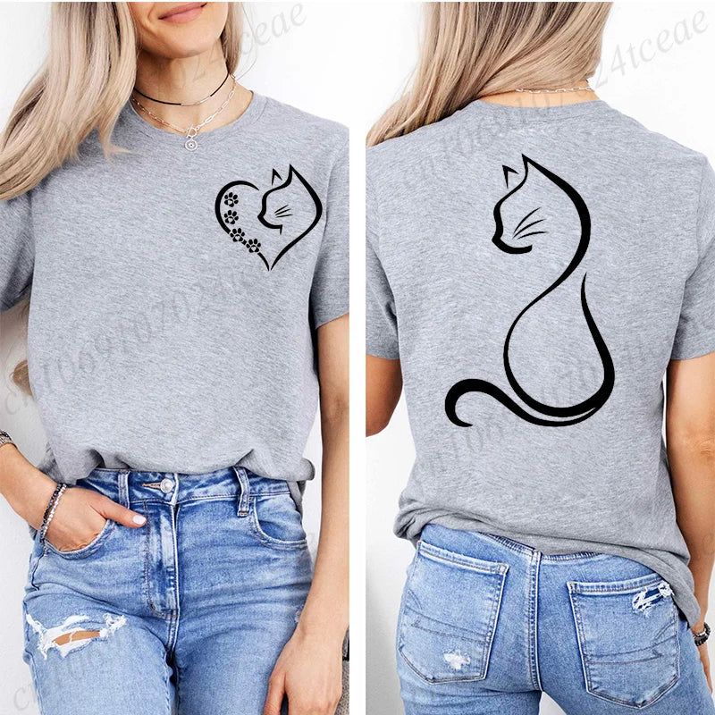 Women Love Heart Cat Print T-Shirt Clothing Girl Round Neck Funny Cat T-Shirts Casual Y2K Harajuku Streetwear Top Graphic Tees