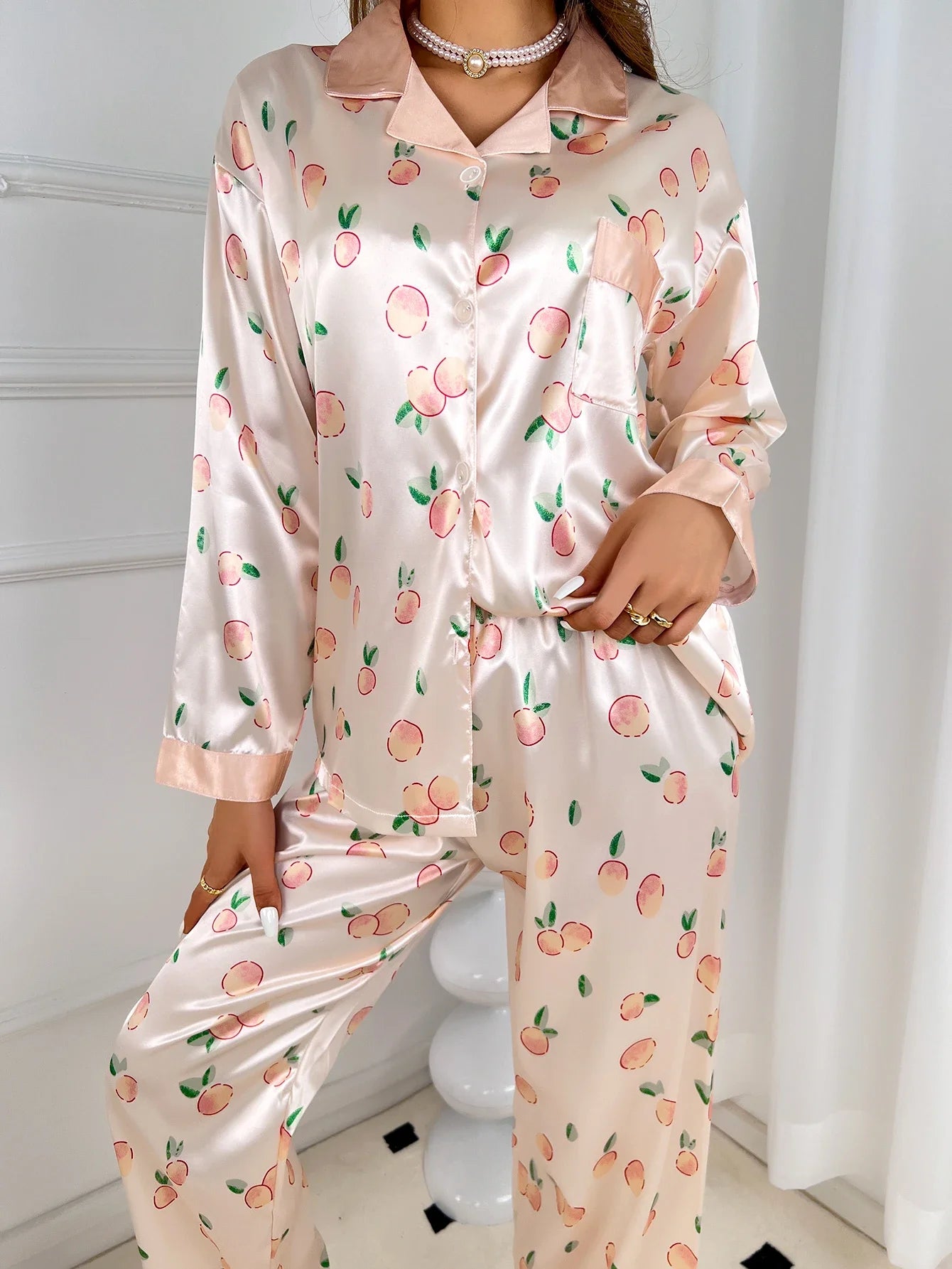 Women's simulated silk colored Ding home suit peach patterned pajamas women's set