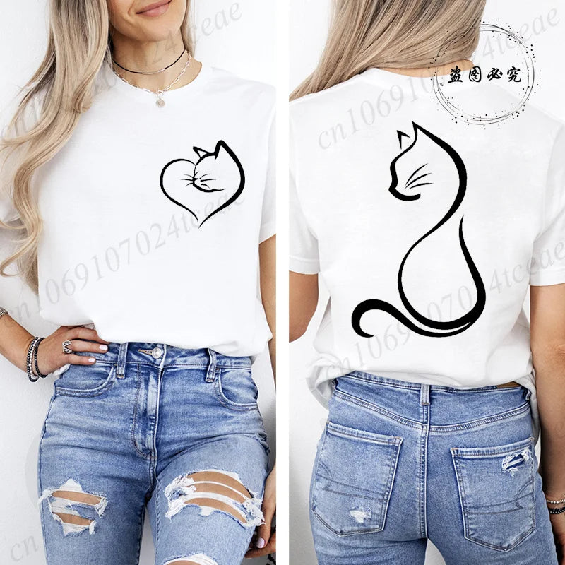 Women Love Heart Cat Print T-Shirt Clothing Girl Round Neck Funny Cat T-Shirts Casual Y2K Harajuku Streetwear Top Graphic Tees