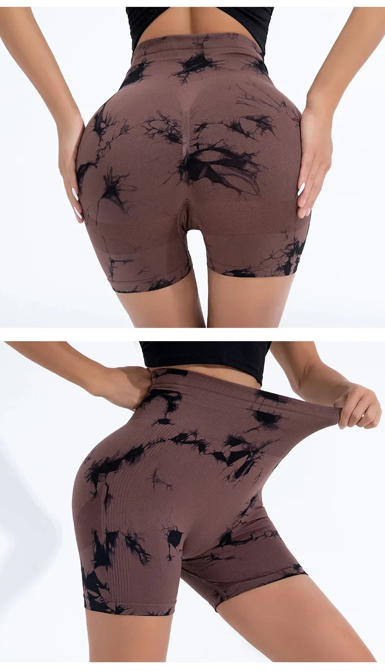 Women High Waist Yoga Shorts Gym Seamless Fitness Workout Running Shorts Summer Tie Dye Outdoors Sport Shorts