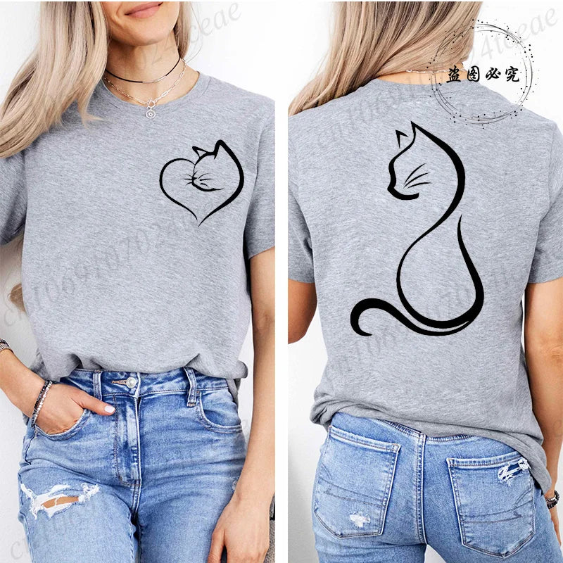 Women Love Heart Cat Print T-Shirt Clothing Girl Round Neck Funny Cat T-Shirts Casual Y2K Harajuku Streetwear Top Graphic Tees