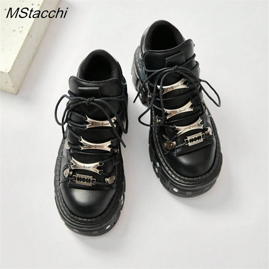 Punk Style Women Black Shoes Rock Metal Decor Lace-up Heel Height Platform Shoes Gothic Man Sneakers Women Ankle Boots 2025 New