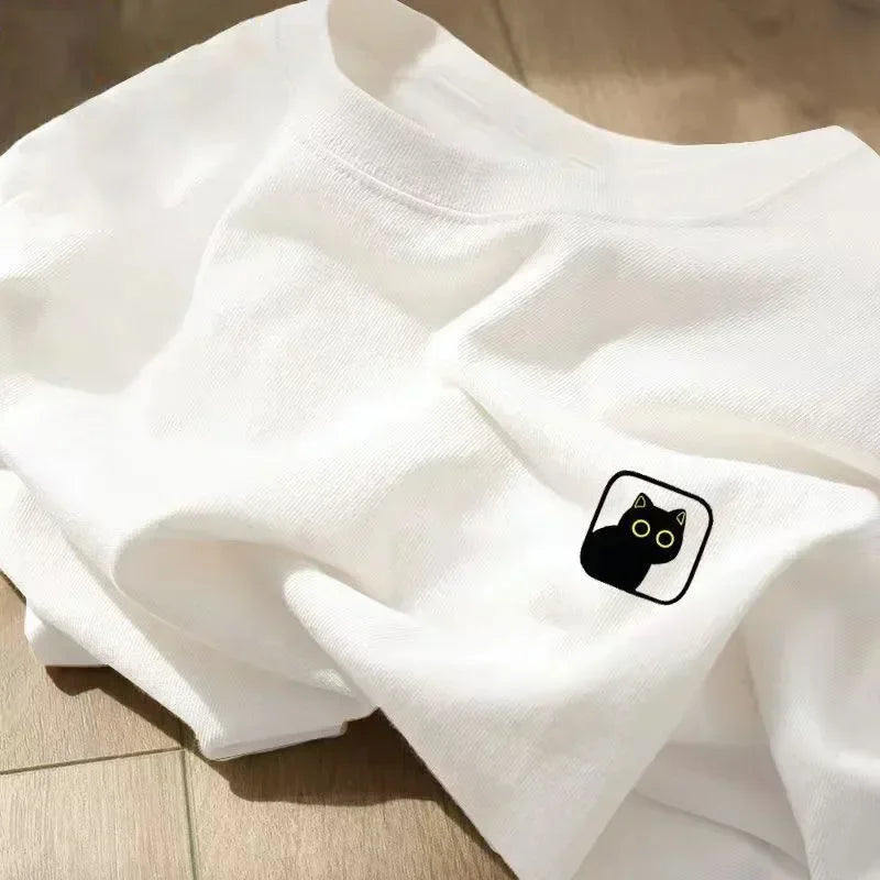 Fashion Women T-shirt Cartoon Cat Print Short Sleeve T Shirt Female Harajuku Casual O-Neck Clothes Top Unisex Streetwear Y2k Tee