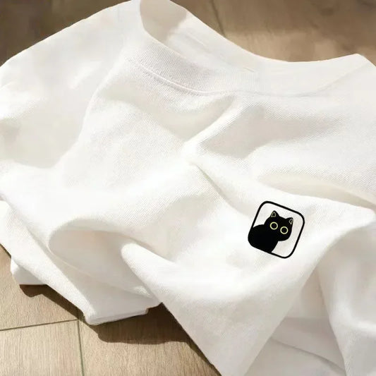 Fashion Women T-shirt Cartoon Cat Print Short Sleeve T Shirt Female Harajuku Casual O-Neck Clothes Top Unisex Streetwear Y2k Tee