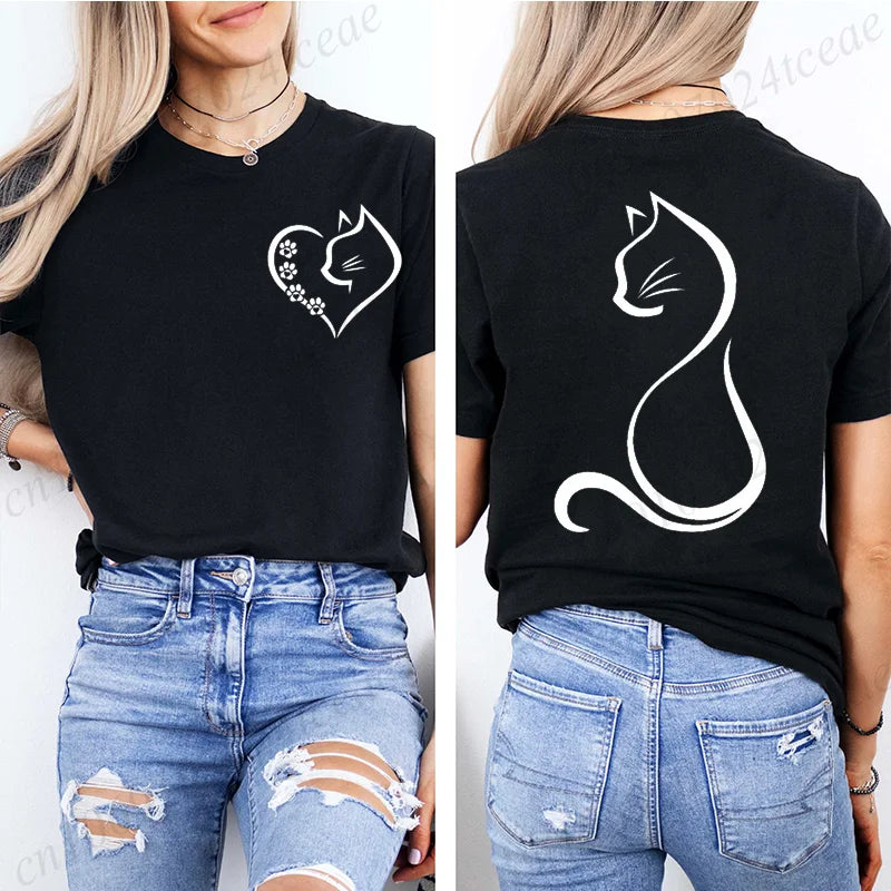 Women Love Heart Cat Print T-Shirt Clothing Girl Round Neck Funny Cat T-Shirts Casual Y2K Harajuku Streetwear Top Graphic Tees