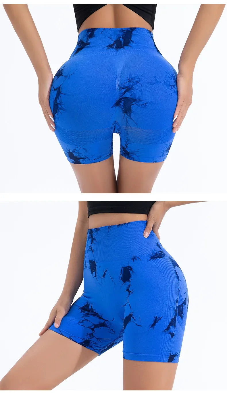 Women High Waist Yoga Shorts Gym Seamless Fitness Workout Running Shorts Summer Tie Dye Outdoors Sport Shorts