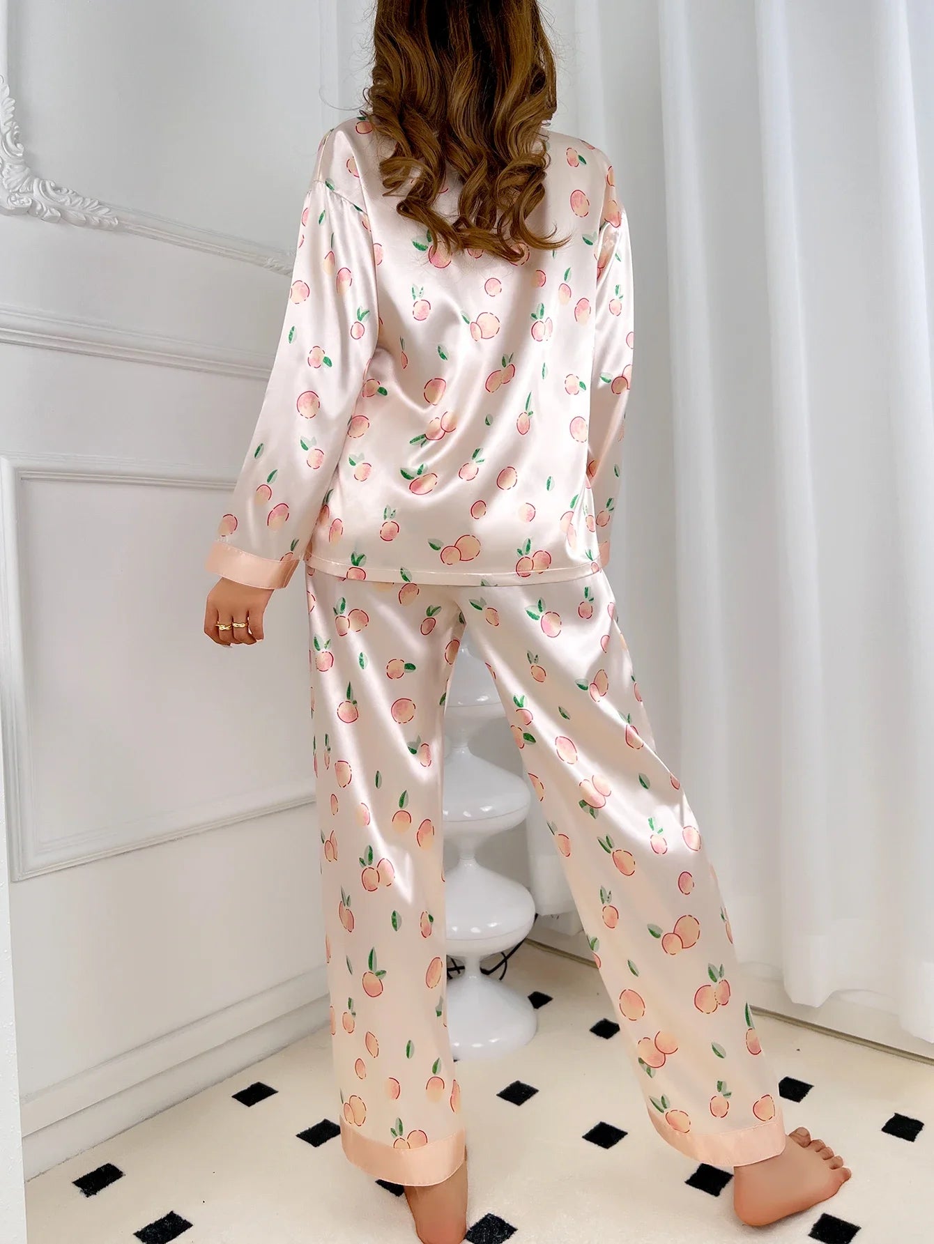 Women's simulated silk colored Ding home suit peach patterned pajamas women's set