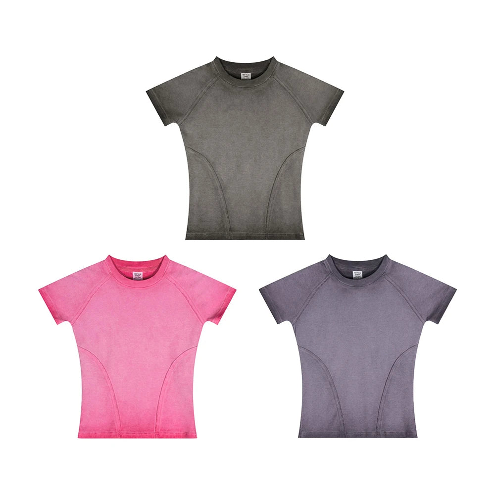 ZODF 2024 Summer Hotweet Washed T Shirt For Women Girls Gradient Raglan Sleeve Comfortable Short Tees Brand Tees HY0826