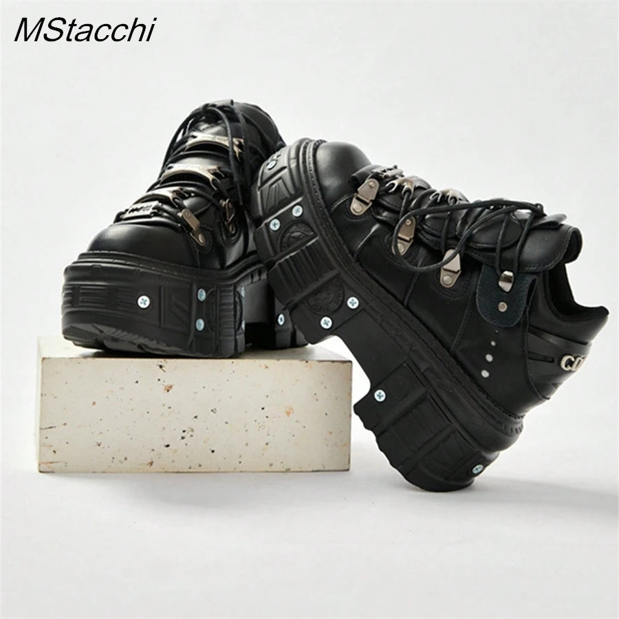 Punk Style Women Black Shoes Rock Metal Decor Lace-up Heel Height Platform Shoes Gothic Man Sneakers Women Ankle Boots 2025 New