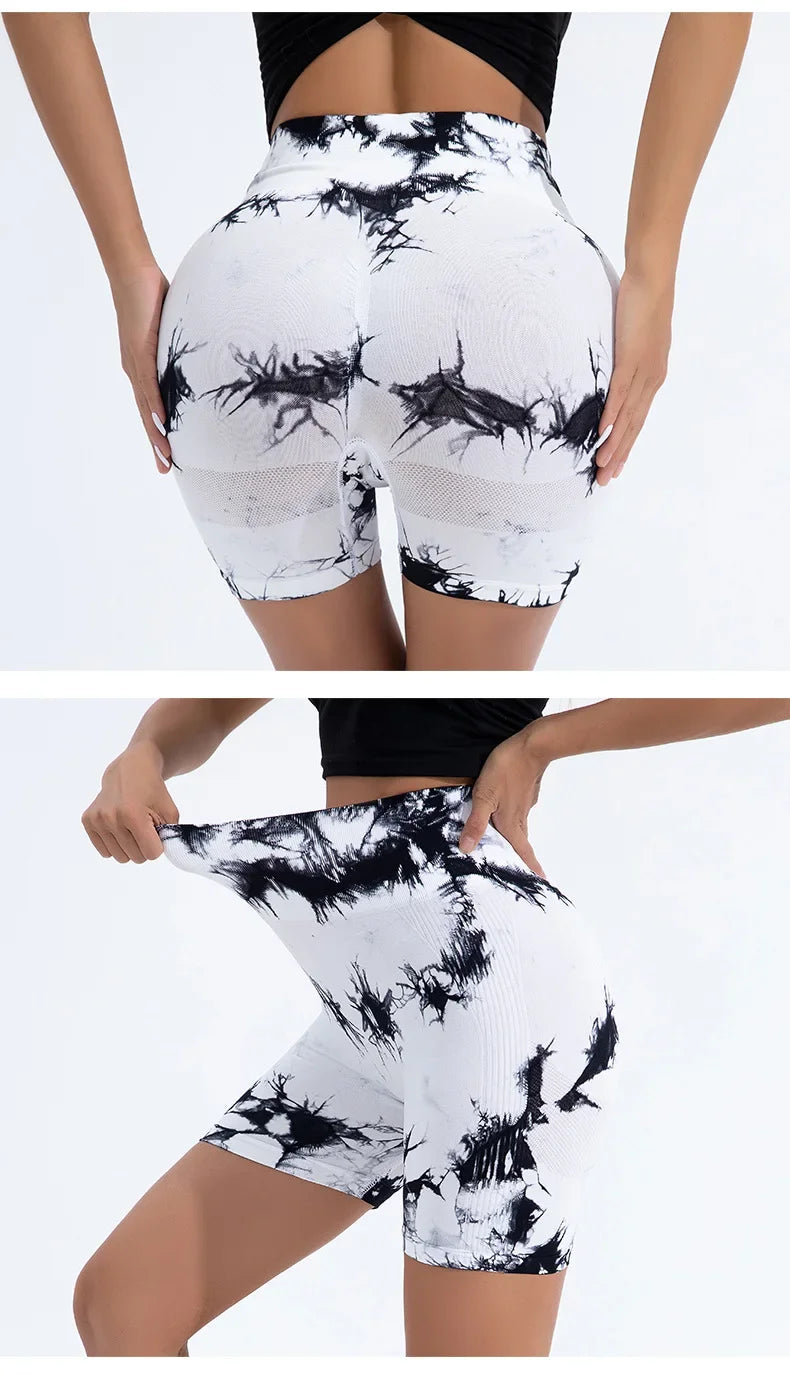 Women High Waist Yoga Shorts Gym Seamless Fitness Workout Running Shorts Summer Tie Dye Outdoors Sport Shorts