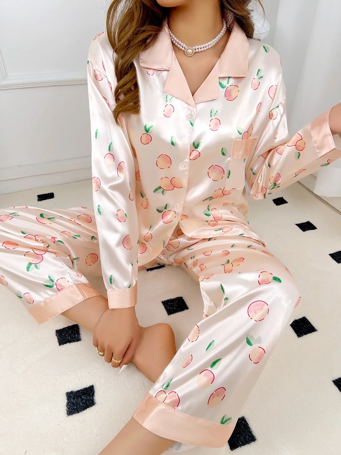 Women's simulated silk colored Ding home suit peach patterned pajamas women's set