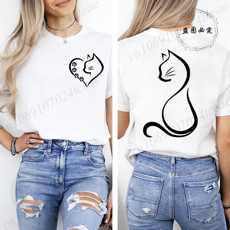 Women Love Heart Cat Print T-Shirt Clothing Girl Round Neck Funny Cat T-Shirts Casual Y2K Harajuku Streetwear Top Graphic Tees