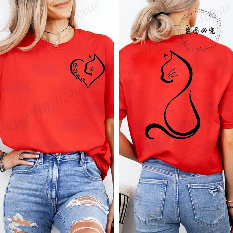 Women Love Heart Cat Print T-Shirt Clothing Girl Round Neck Funny Cat T-Shirts Casual Y2K Harajuku Streetwear Top Graphic Tees