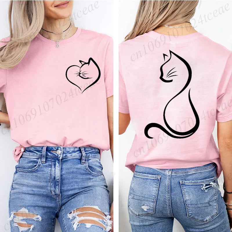 Women Love Heart Cat Print T-Shirt Clothing Girl Round Neck Funny Cat T-Shirts Casual Y2K Harajuku Streetwear Top Graphic Tees