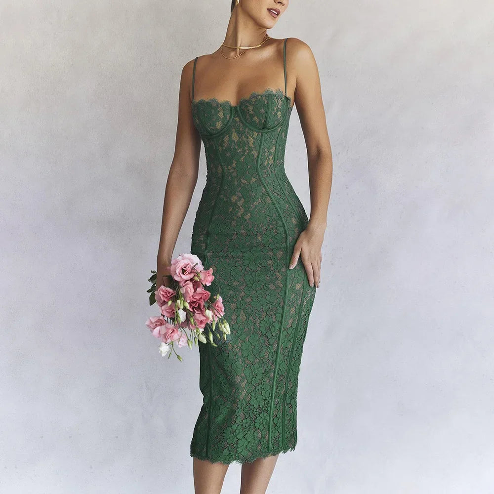 Summer Long Elegant Formal Occasion Dress Green Spaghetti Strap V Neck Lace Dress Vintage Birthday Party Dresses 2023