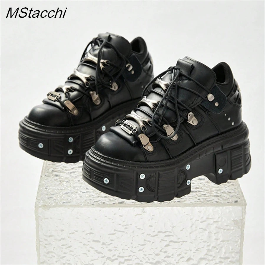 Punk Style Women Black Shoes Rock Metal Decor Lace-up Heel Height Platform Shoes Gothic Man Sneakers Women Ankle Boots 2025 New